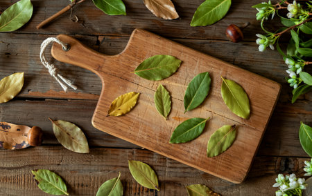 The bay leaves on cutting board set up on shabby wooden background with copy spaceの写真素材