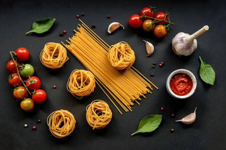 Uncooked pasta spaghetti on black background, red cherry tomatoes and garlic for sauce, top viewの写真素材