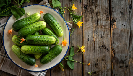 top view of cucumbers in plate on wooden background with copy spaceの写真素材