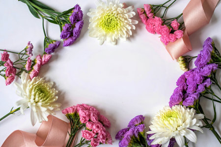 top view of pink and purple statice flowers with white chrysanthemum and ribbon on white background