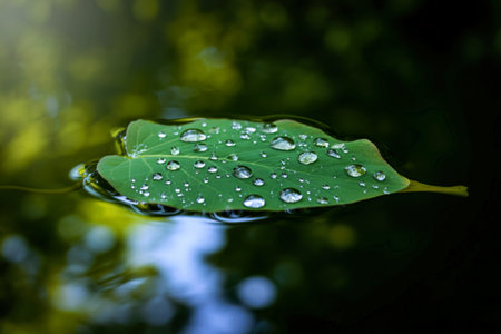A single green leaf, covered in glistening dewdrops, floats serenely on a calm body of water. The...