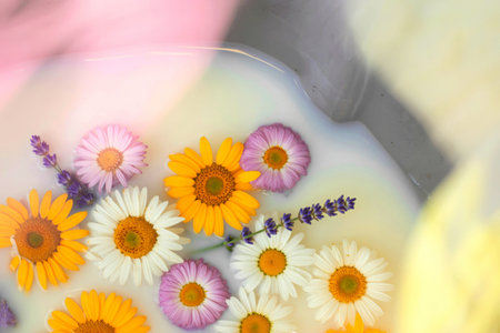A relaxing milk bath is adorned with various flowers, including daisies, lavender, and other...