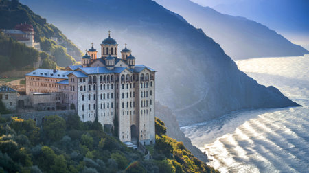 A breathtaking view of a grand monastery perched dramatically on a cliff overlooking the serene Aegean Sea, bathed in the warm glow of sunlight.の写真素材