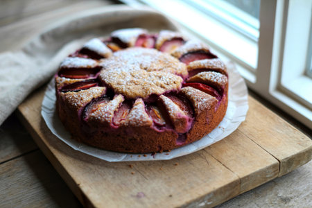 A round plum cake, dusted with powdered sugar, sits on a wooden board. The plums are arranged in a sunburst pattern, creating a visually appealing dessert.の写真素材