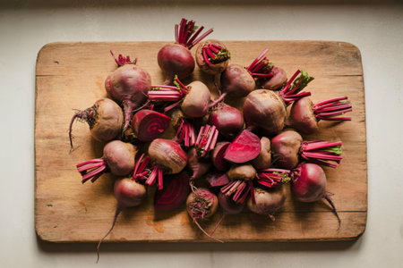 A rustic wooden board holds a pile of vibrant red beetroots, some whole and others halved,...