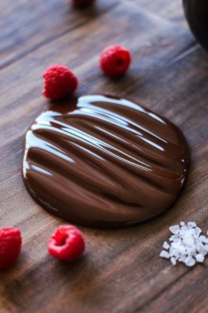 A delectable spread of melted dark chocolate is adorned with fresh raspberries and a sprinkle of sea salt, creating a visually appealing and flavorful dessert.の写真素材