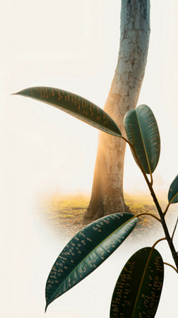 A close-up reveals a rubber plant with leaves marked by mysterious symbols, positioned against a blurred background featuring a large tree trunk in soft light.の写真素材