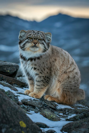 A Pallas's cat sits on a rocky mountaintop, covered in patches of snow. The cat stares directly at the viewer with a serious expression, its thick fur providing warmth against the cold mountain air.の写真素材