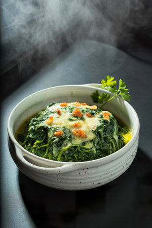 A delicious and healthy dish of spinach gratin, topped with melted cheese and crispy garlic, served in a rustic white bowl.の写真素材