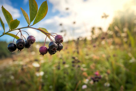 A close-up shot reveals a branch laden with dark aronia berries, glistening with morning dew. The blurred background showcases a vibrant meadow.の写真素材