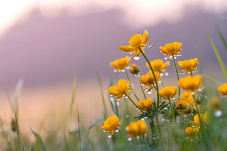 A cluster of vibrant yellow buttercups, adorned with morning dew, stand tall in a field of soft,...