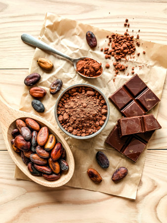 Brown chocolate powder in spoon , Roasted cocoa beans and dark chocolate setup on wooden backgroundの写真素材