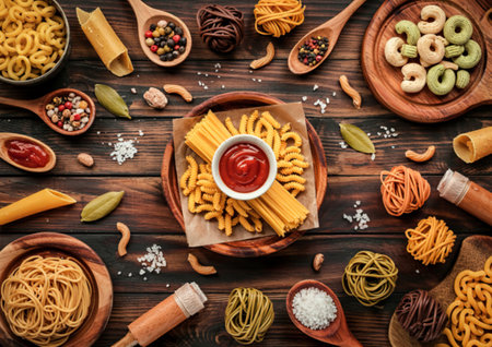 top view of different macaronis as spaghetti rotini vermicelli and others with salt and ketchupの写真素材