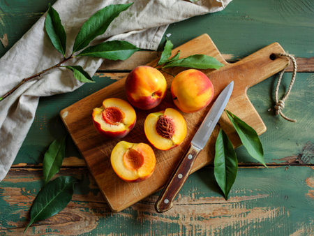 top view of fresh yellow peaches on a wooden kitchen board with knife on a green wooden background