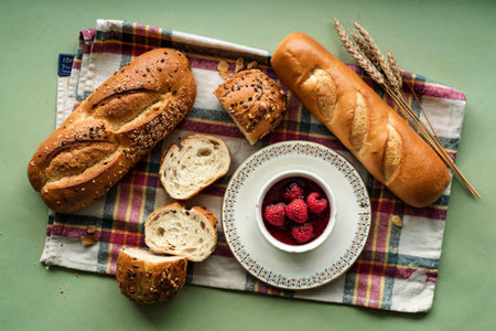 top view of breads as sliced seeded brown cob and baguette ones with bowl of raspberry jamの写真素材