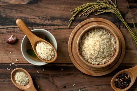 Asian rice white in bowl has spoon on wood background