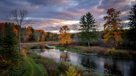 Fall foliage by river in Michigan countryside during autumn time
