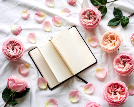 notebook with white blank pages on a white background and petals of a pink rosesの写真素材
