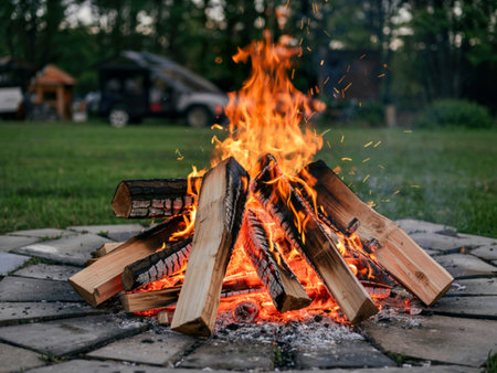 Bonfire of wooden logs, a bright fire