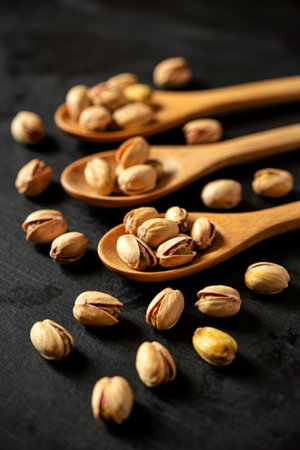 side view of wooden spoons with salted roasted pistachios on black backgroundの写真素材