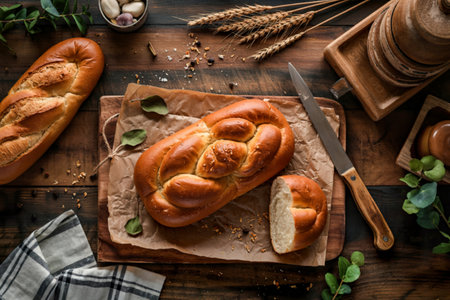 loaf bread isolated on wood background have cutting board knife, gold rustic crusty bunの写真素材