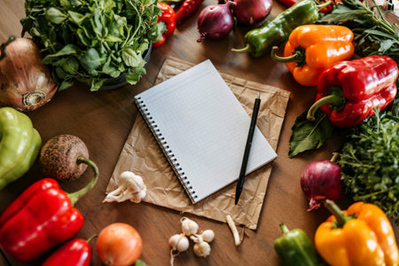 blank notepad on a brown table in the midst of fresh peppers vegetables