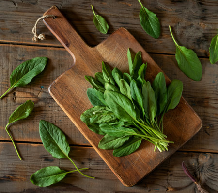 bunch of fresh green sorrel leaves and old brown cutting board on a wooden table