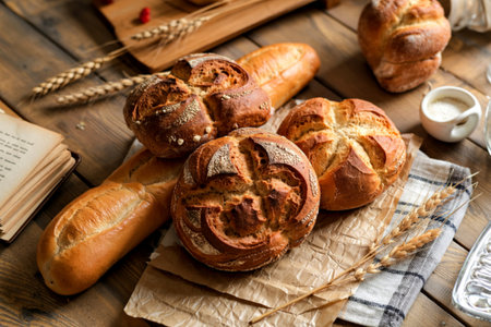 different bread rye round baguette isolated on wood background have book