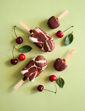 top view ice cream with chocolate and cherries on a light green background
