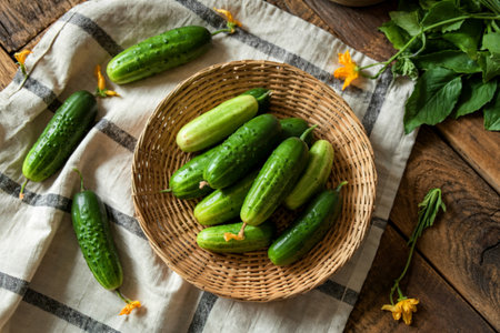 top view of cucumbers in basket plate with other ones on cloth and wooden background with copy spaceの写真素材