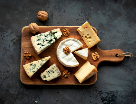 pieces of cheese on a brown cutting board roquefort, brie, cheese with walnutsの写真素材