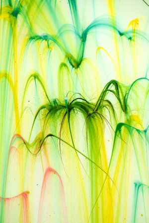 An abstract painting featuring vibrant green and yellow hues, resembling flowing grass or liquid...