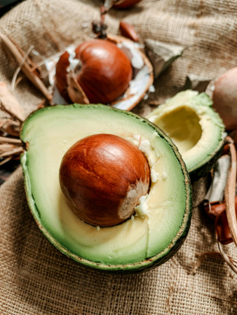 Halved avocado with core. - in macro shot