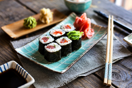 Seaweed sushi on plate has chopsticks on wood background close up, top view 1の写真素材