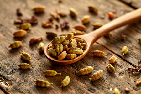 Green cardamom with wooden spoon scattered over vintage wooden backgroundの写真素材