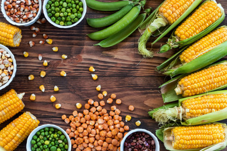 top view of empty tray with green peas corn seeds corn pop cereals and corn cobsの写真素材