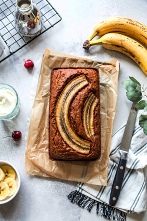 Top view of Banana bread on the tableの写真素材