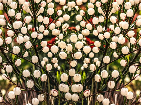 A close-up image showcases a symmetrical pattern of numerous small, round, white berries clustered...