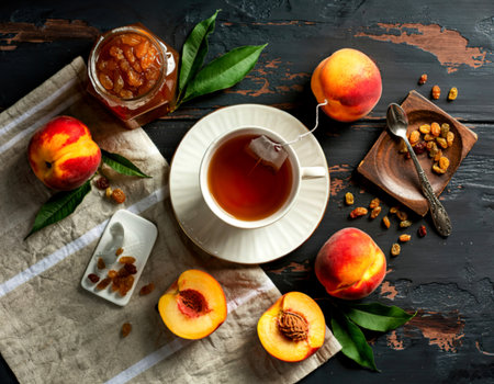 top view of cup of tea with raisins on teabag and peaches on cloth with peach jam on blackの写真素材