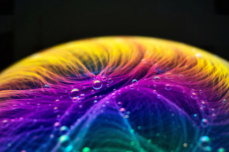 A close-up reveals a mesmerizing soap bubble, showcasing a spectrum of rainbow colors and numerous...