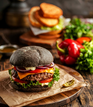 cheeseburger with black bun, meat and vegetables on a wooden background, fast foodの写真素材