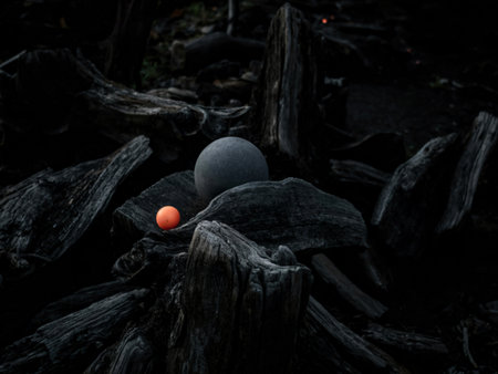 Two spheres, one dark grey and one bright orange, rest atop a pile of dark, charred wood. The contrast in color and texture is striking.の写真素材