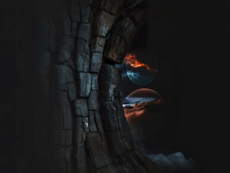A surreal image depicting a cracked stone formation framing a view of two celestial bodies, one with stormy clouds and the other with a cloudy atmosphere, set against a dark backdrop.の写真素材