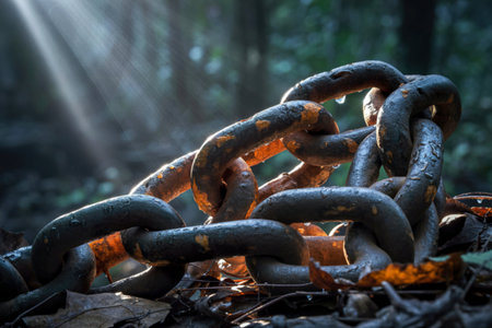 A close-up shot of a heavy, rusty chain lying on the forest floor. Sunlight streams through the...