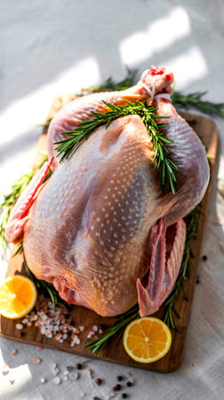A raw whole chicken is prepared on a wooden cutting board with fresh rosemary sprigs, lemon slices,...