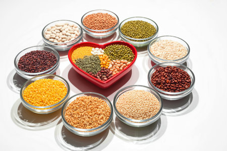 A red heart-shaped bowl filled with various legumes and grains is surrounded by smaller bowls of...