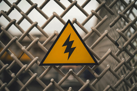 A yellow triangle warning sign depicting a lightning bolt is affixed to a chain link fence, indicating a high voltage hazard.の写真素材