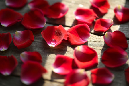 A collection of vibrant red rose petals are artfully arranged on a rustic wooden background. A single water droplet rests delicately on one petal.の写真素材