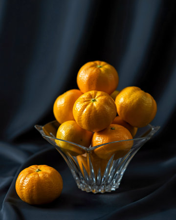 A glass bowl filled with ripe mandarin oranges sits on a dark fabric background. One additional orange rests beside the bowl, adding to the vibrant display.の写真素材