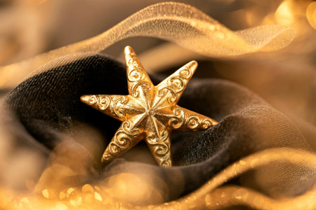 Gold star ornament on black fabric with gold accentsの写真素材